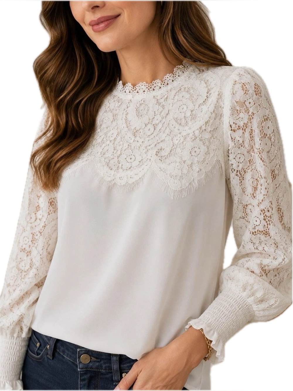 WHBM Lace Mock Neck Blouse in White
